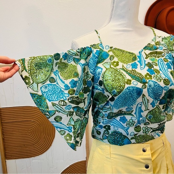 Anthropologie Vanessa Virginia Silk Fish Print Off Shoulder Blouse - Picture 11 of 12